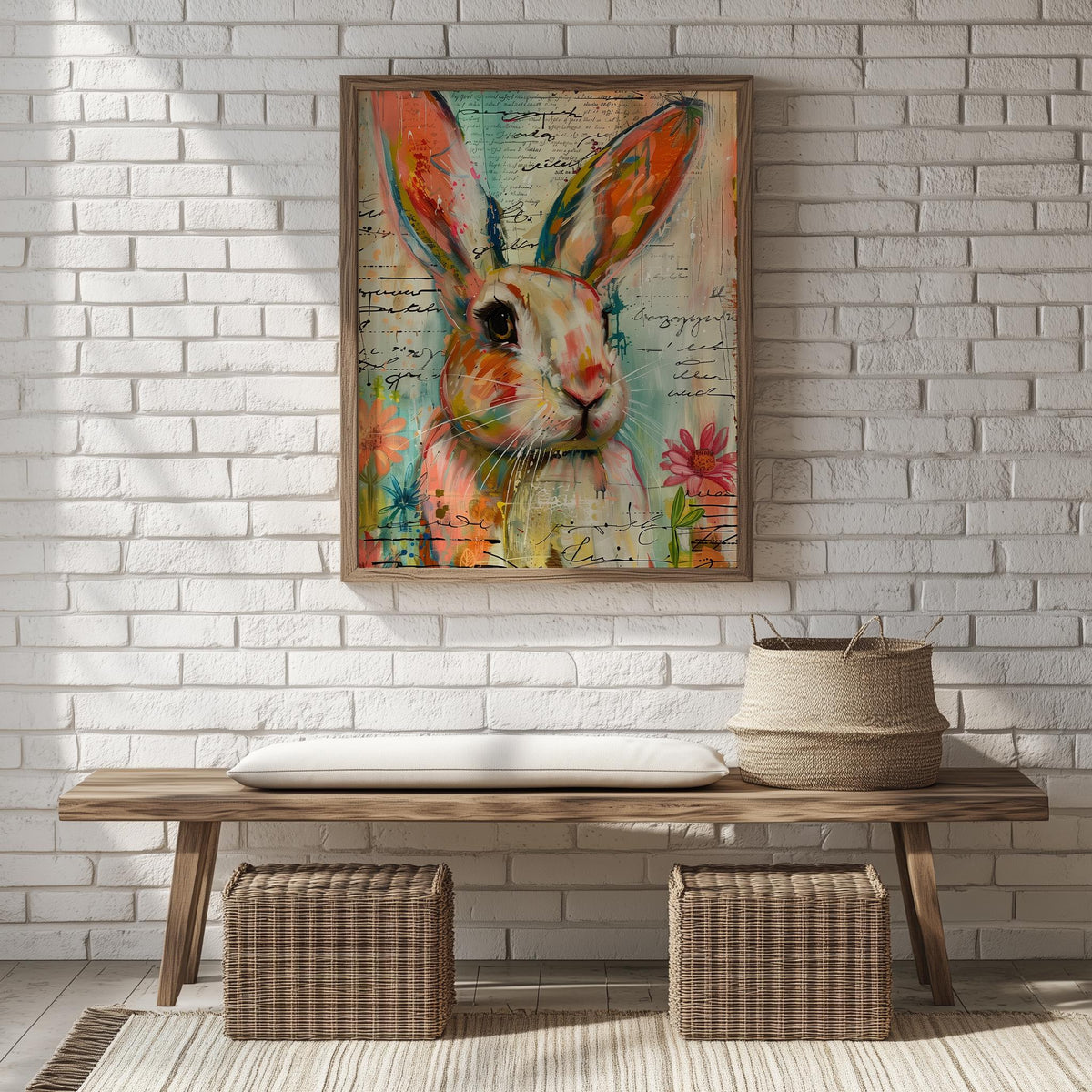 Mixed Media Bunny animal art print shown in a room setting