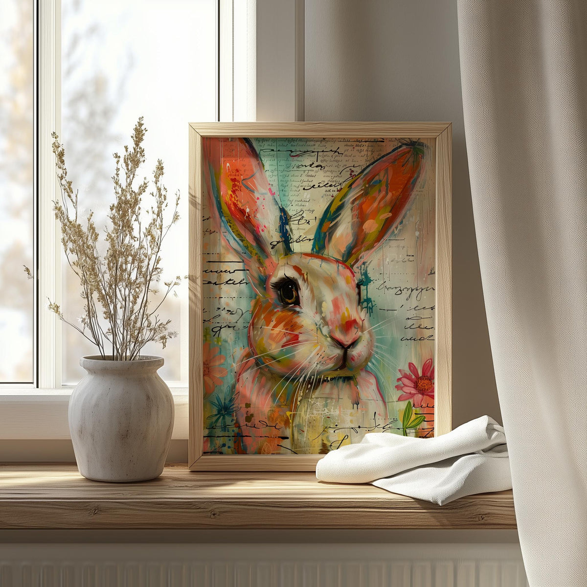Mixed Media Bunny animal art print shown in a room setting