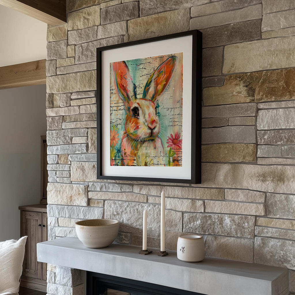 Mixed Media Bunny animal art print shown in a room setting