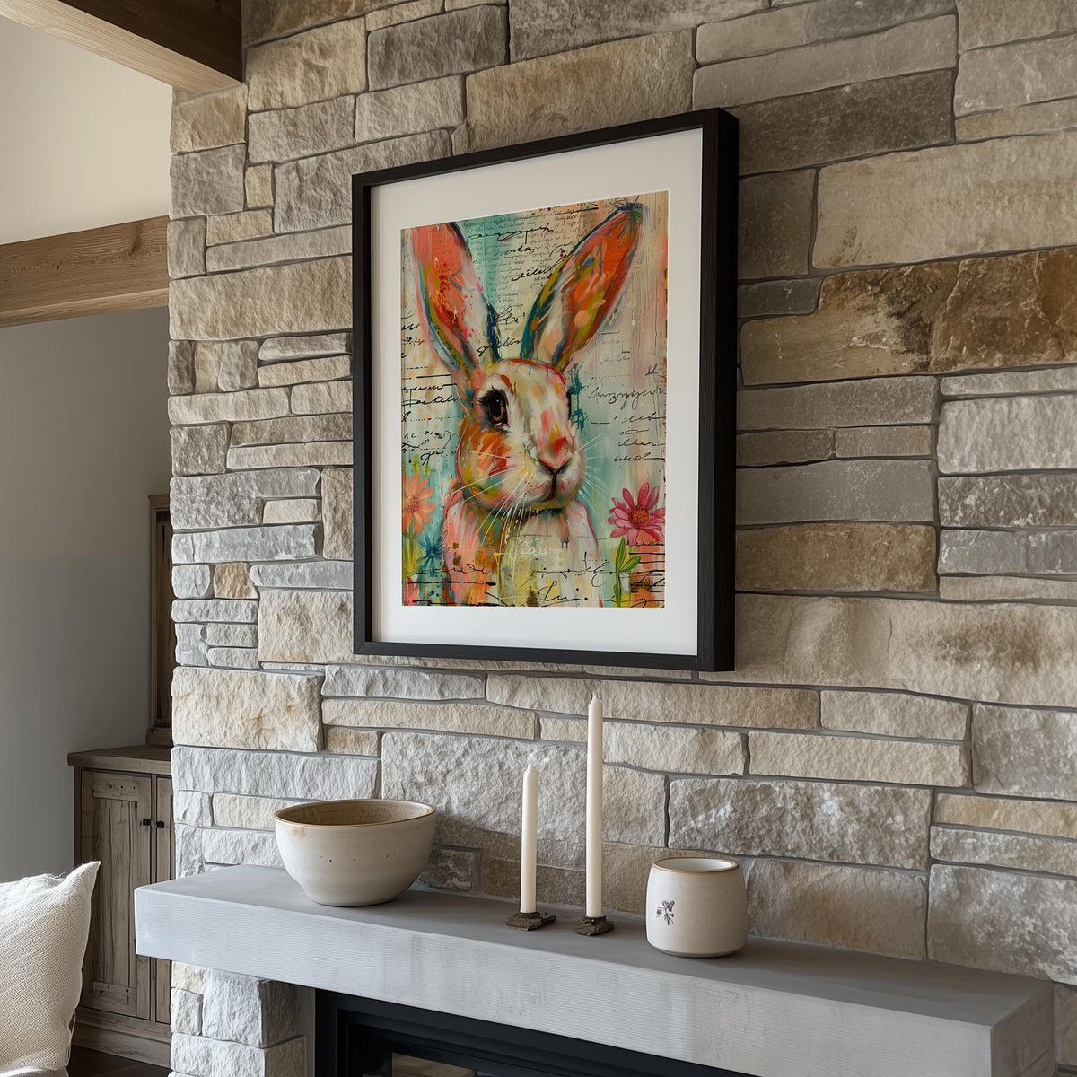 Mixed Media Bunny animal art print shown in a room setting
