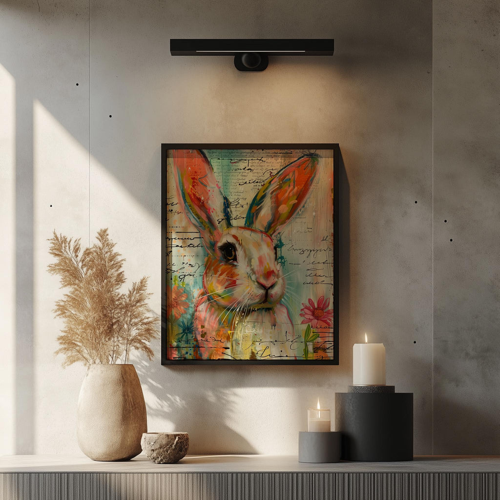 Mixed Media Bunny animal art print shown in a room setting