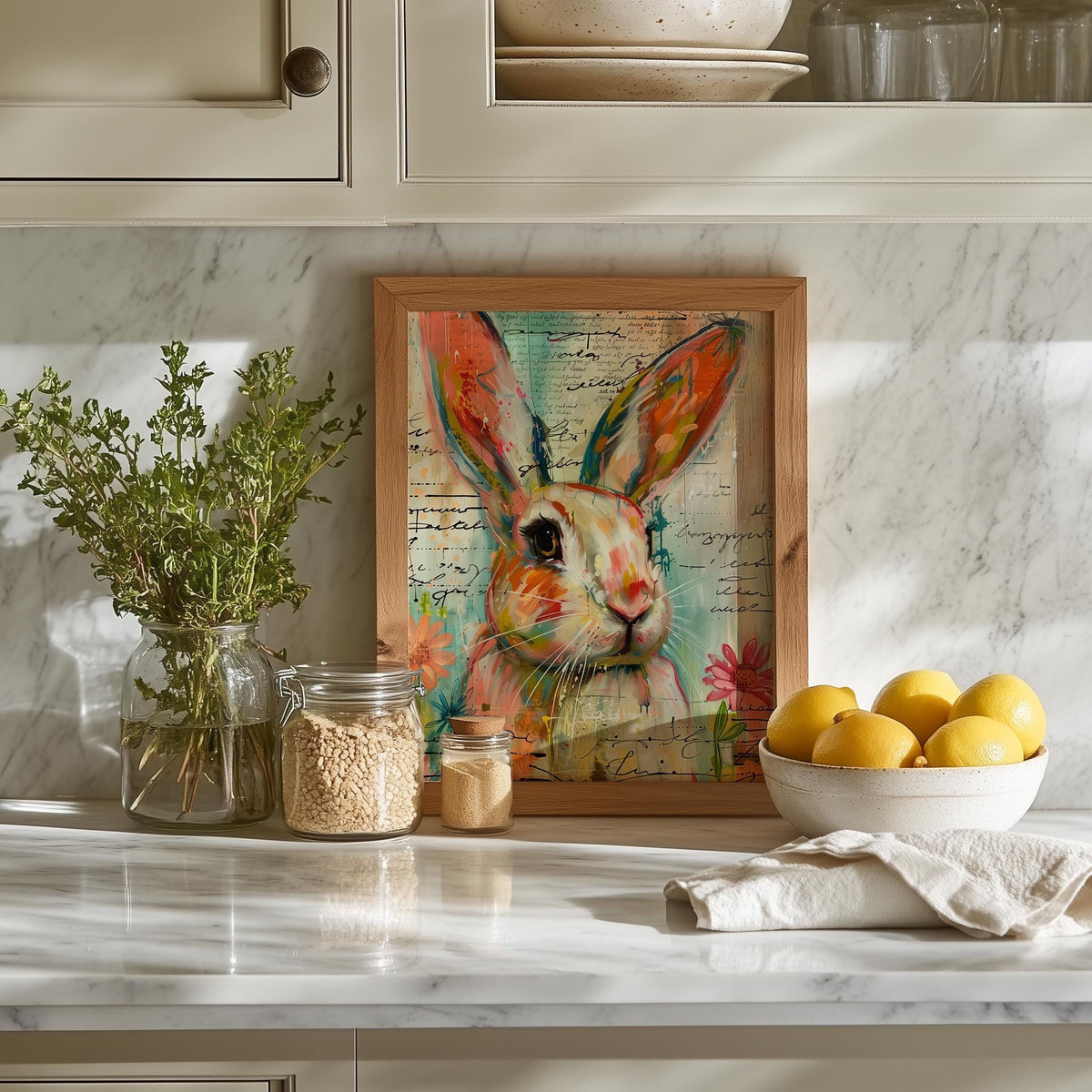 Mixed Media Bunny animal art print shown in a room setting