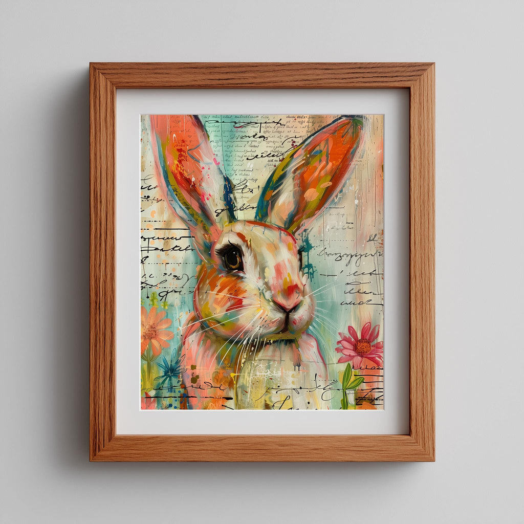 Mixed Media Bunny animal art print shown in a room setting