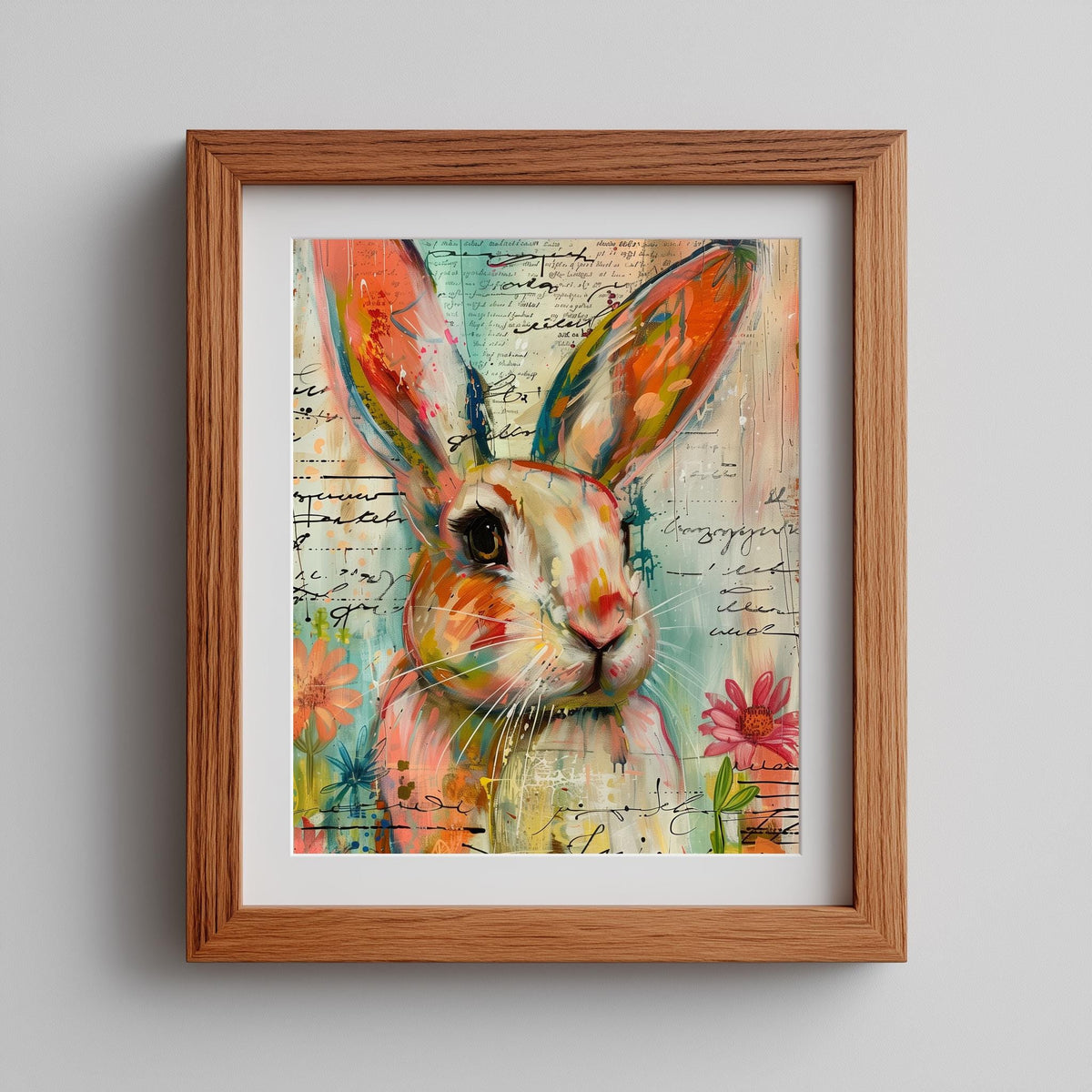 Mixed Media Bunny animal art print shown in a room setting