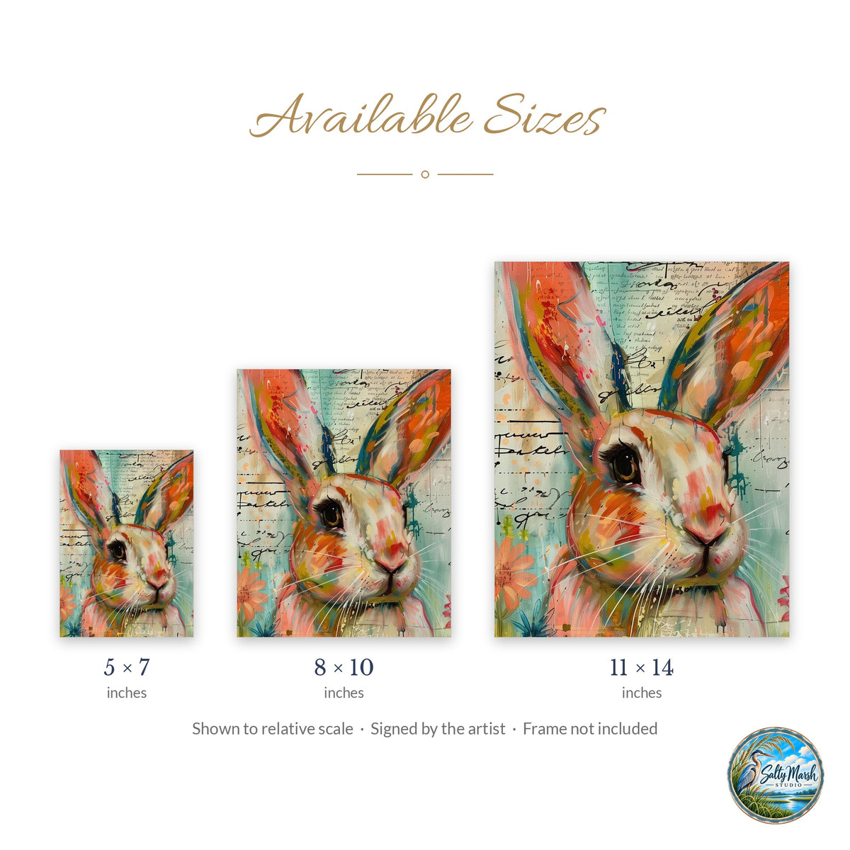 Mixed Media Bunny art print size guide: 5x7, 8x10 and 11x14