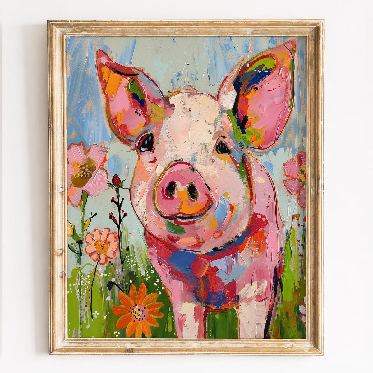 Whimsical Pig animal art print framed