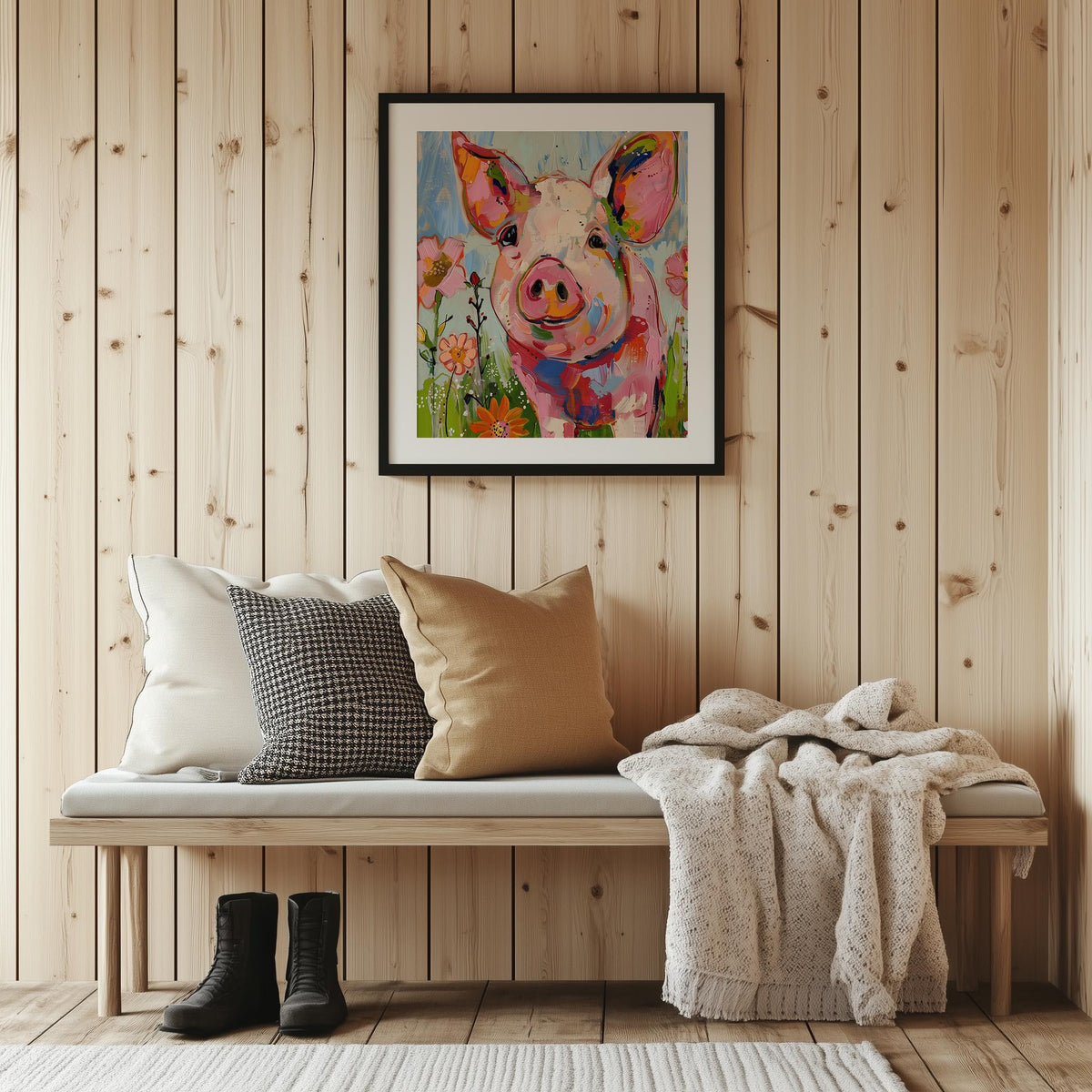 Whimsical Pig animal art print shown in a room setting