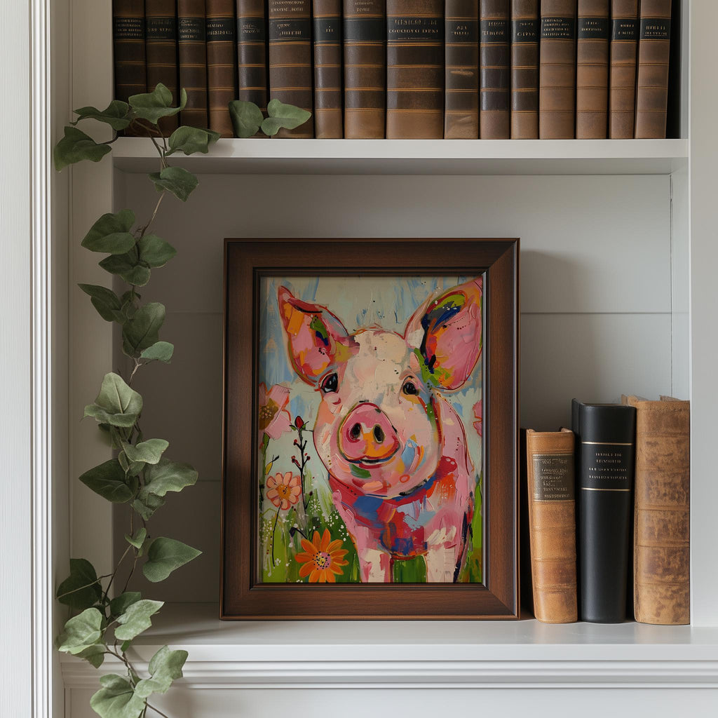Whimsical Pig animal art print shown in a room setting