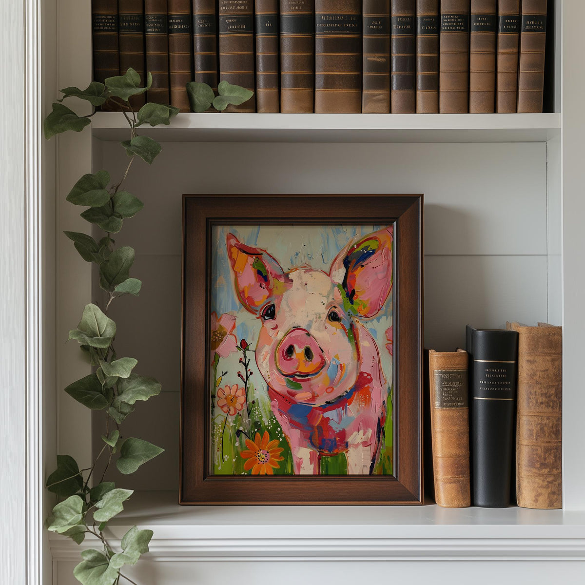 Whimsical Pig animal art print shown in a room setting