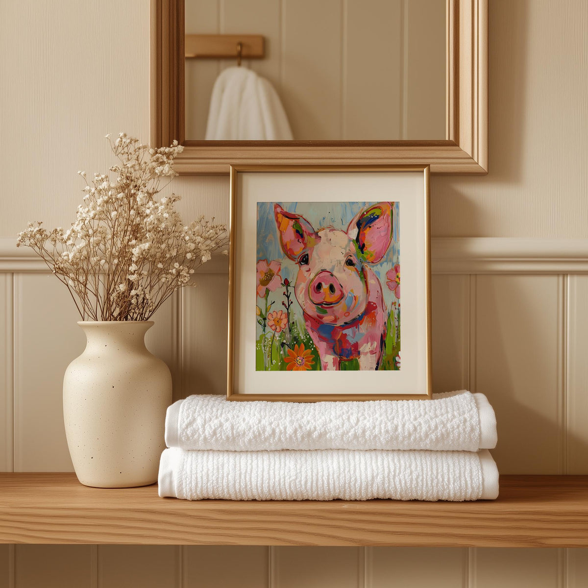 Whimsical Pig animal art print shown in a room setting
