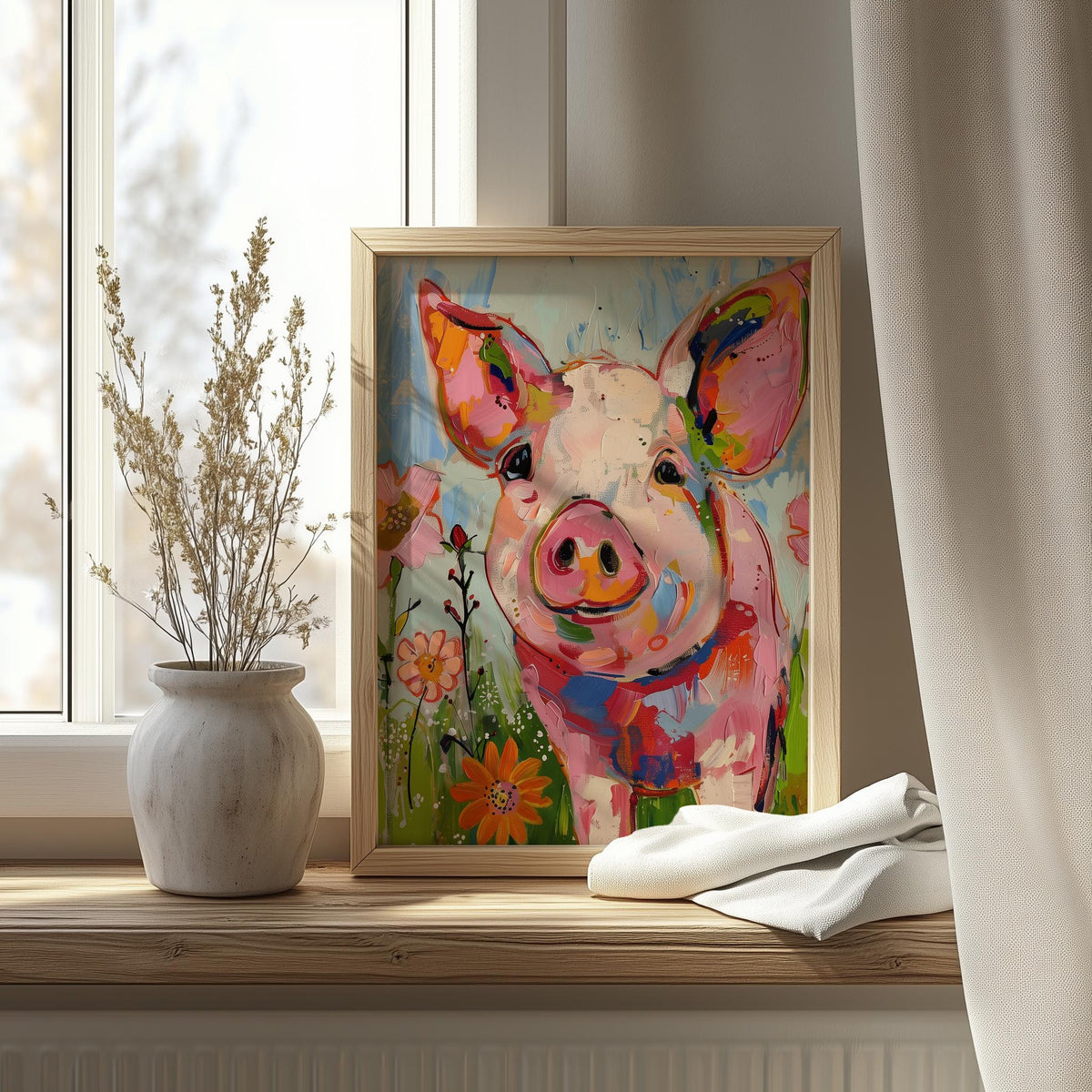Whimsical Pig animal art print shown in a room setting