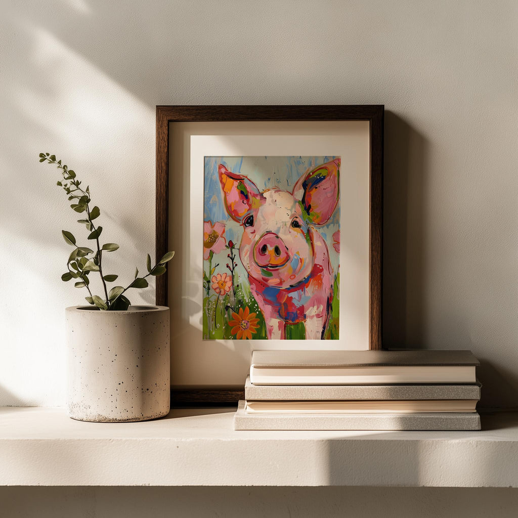 Whimsical Pig animal art print shown in a room setting