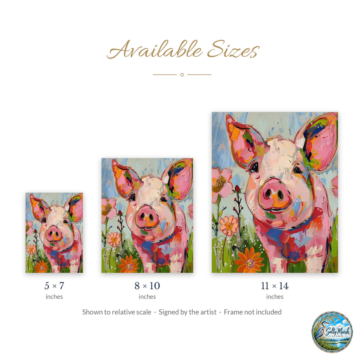 Whimsical Pig art print size guide: 5x7, 8x10 and 11x14