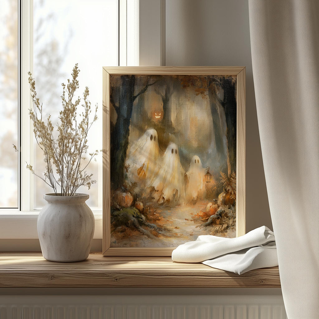 Misty Forest Ghosts Halloween art print shown in a room setting