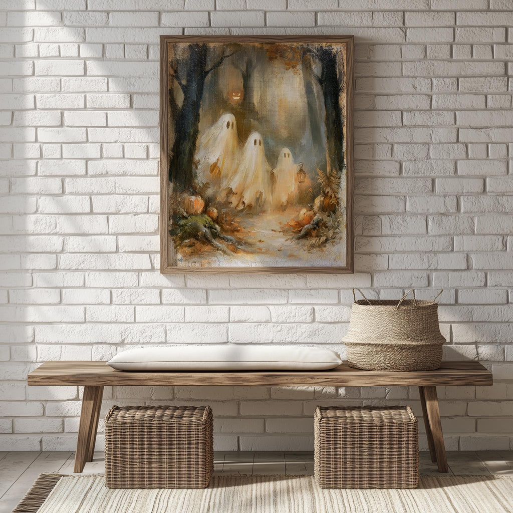 Misty Forest Ghosts Halloween art print shown in a room setting