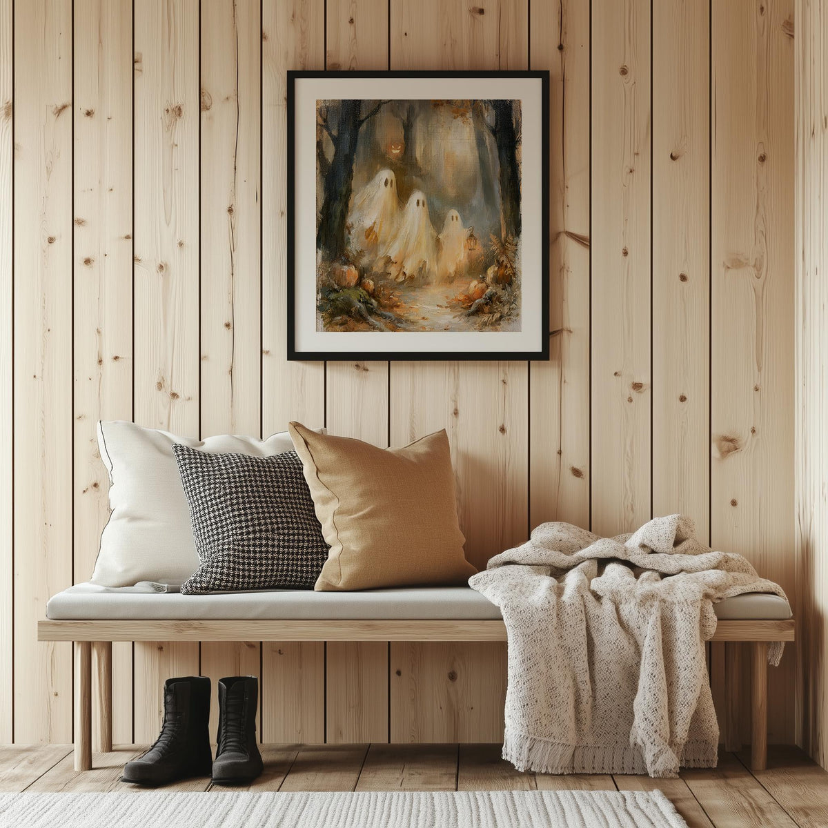 Misty Forest Ghosts Halloween art print shown in a room setting