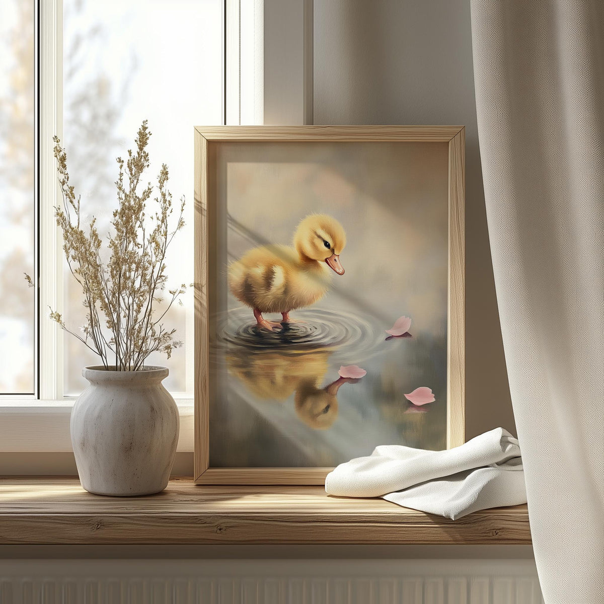 Baby Duckling animal art print shown in a room setting