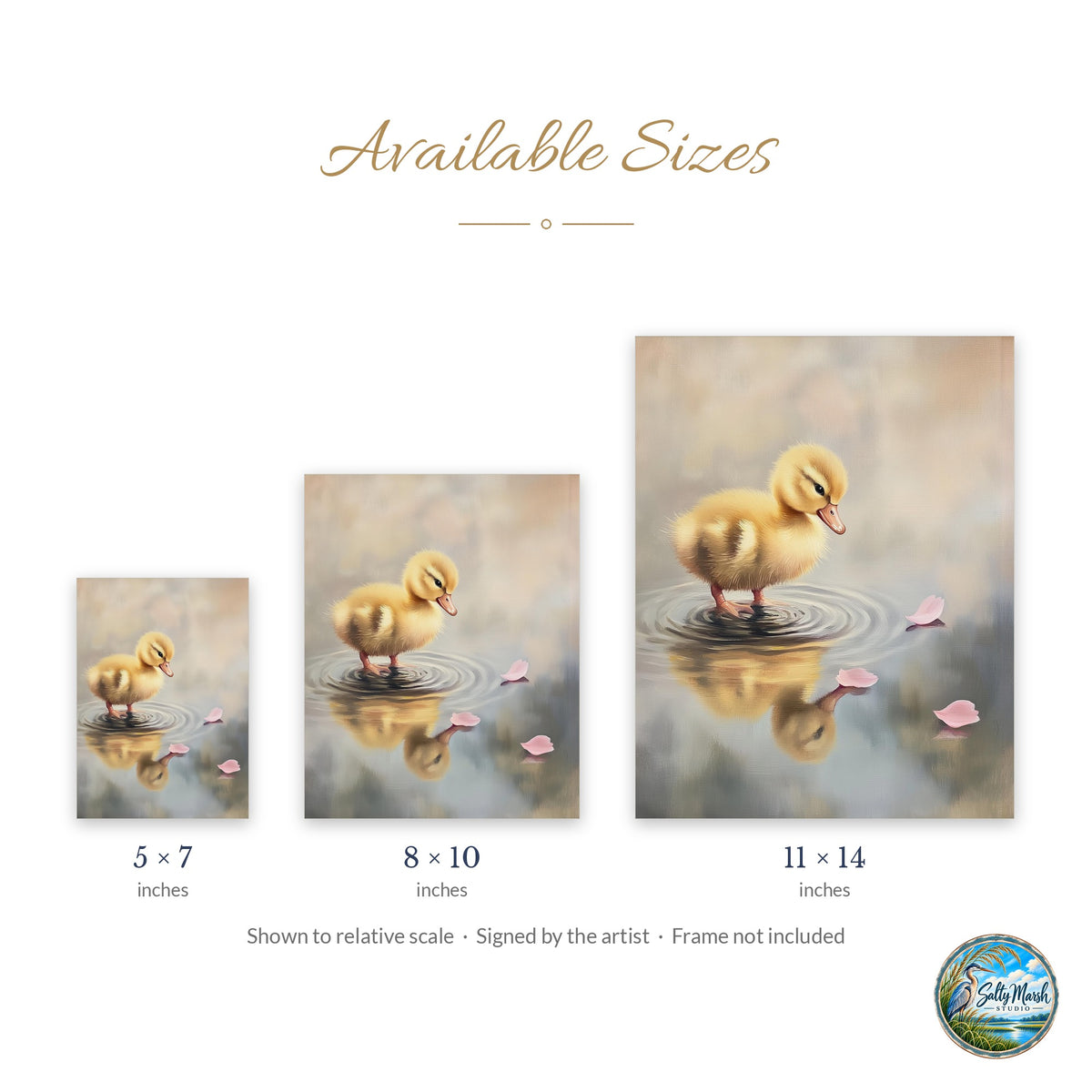 Baby Duckling art print size guide: 5x7, 8x10 and 11x14