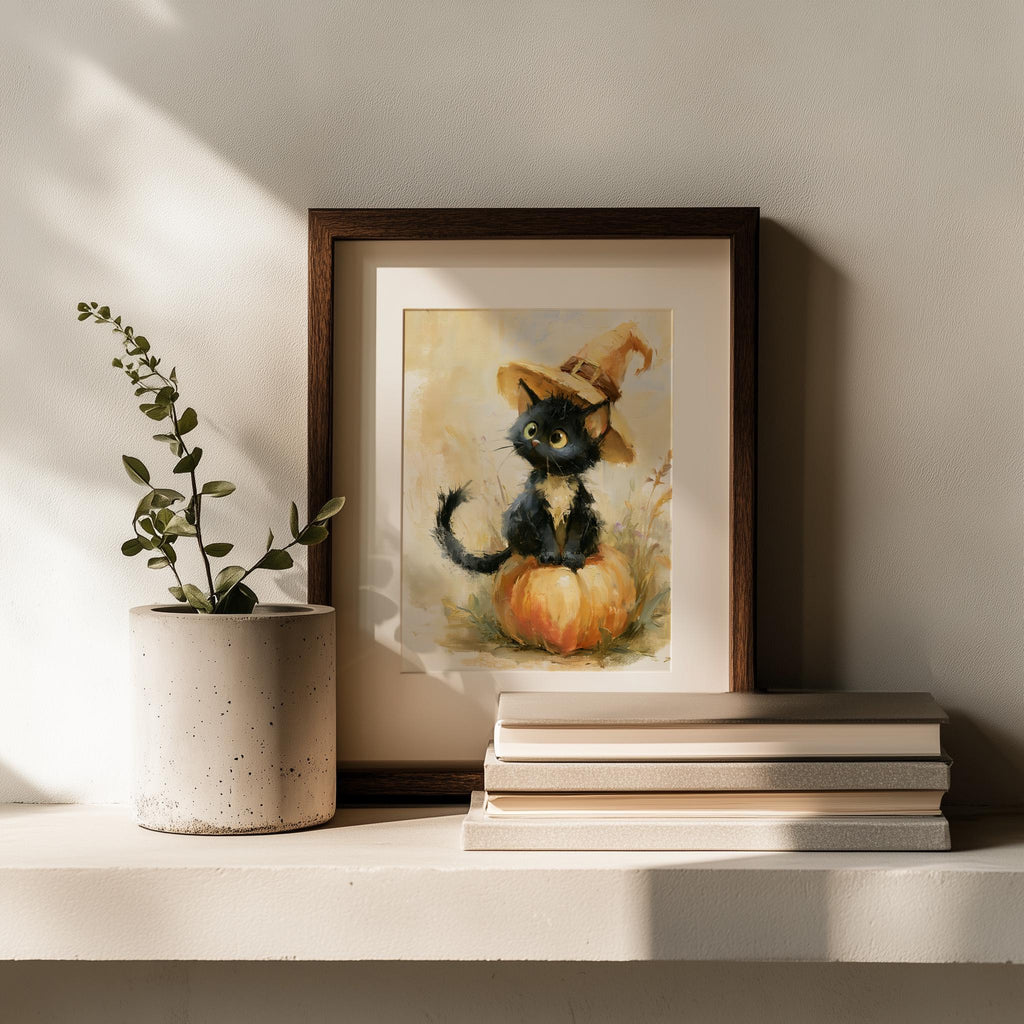Black Kitten Witch Halloween art print shown in a room setting