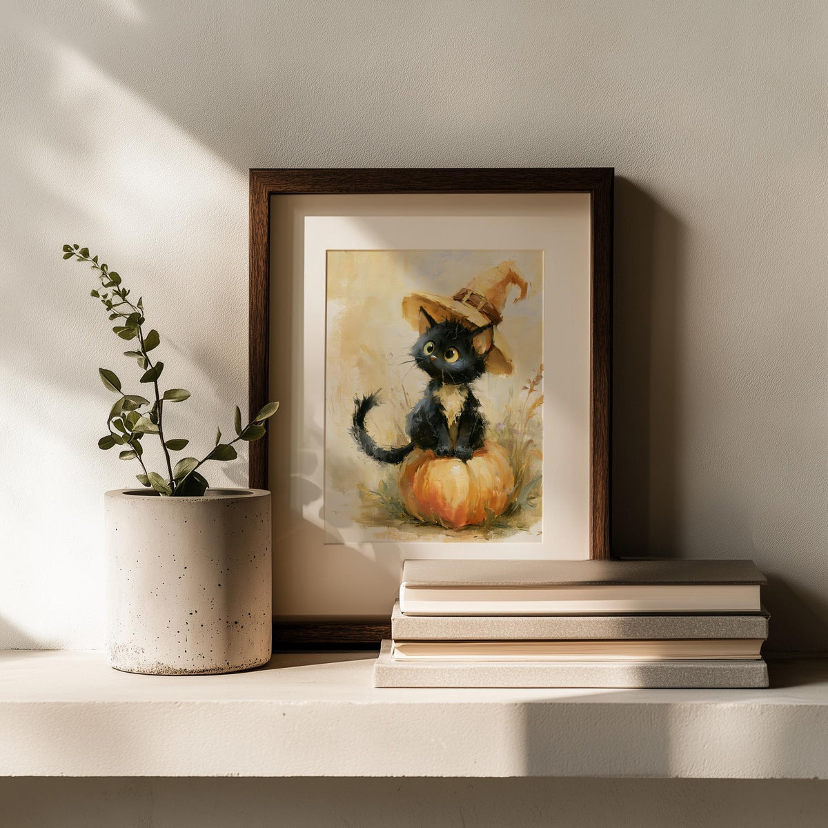 Black Kitten Witch Halloween art print shown in a room setting