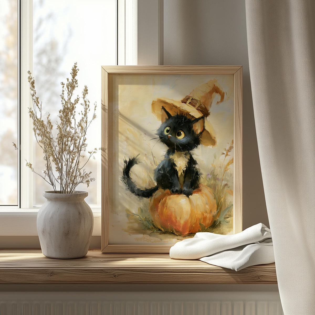 Black Kitten Witch Halloween art print shown in a room setting
