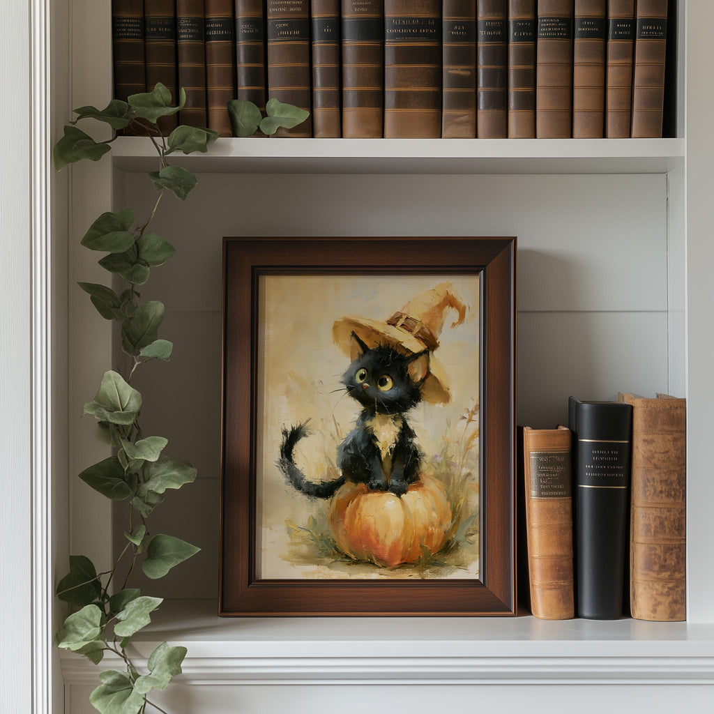 Black Kitten Witch Halloween art print shown in a room setting
