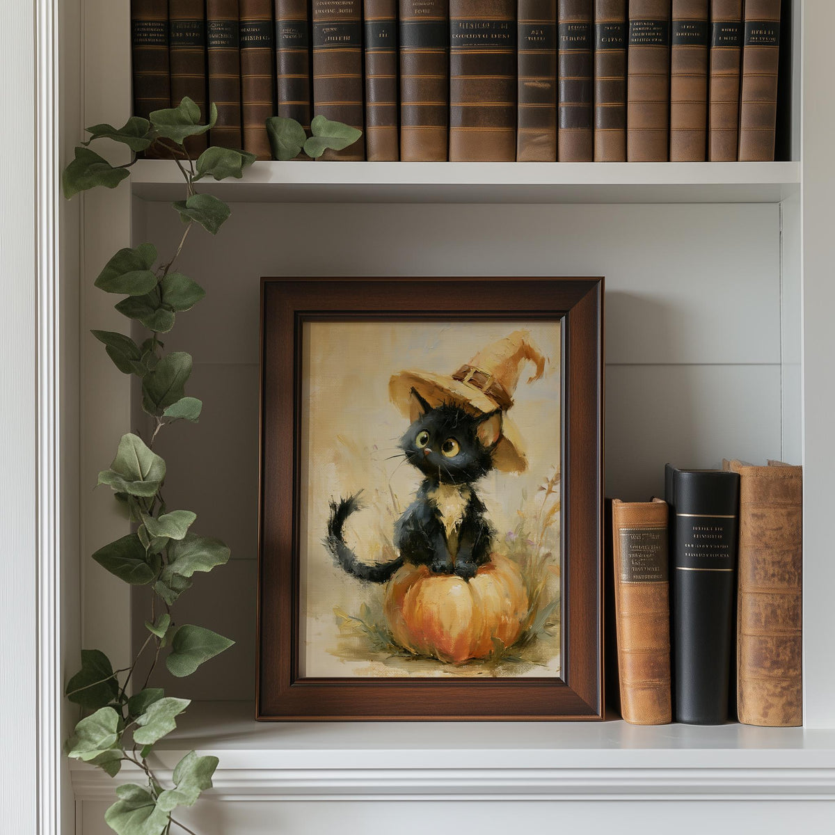 Black Kitten Witch Halloween art print shown in a room setting