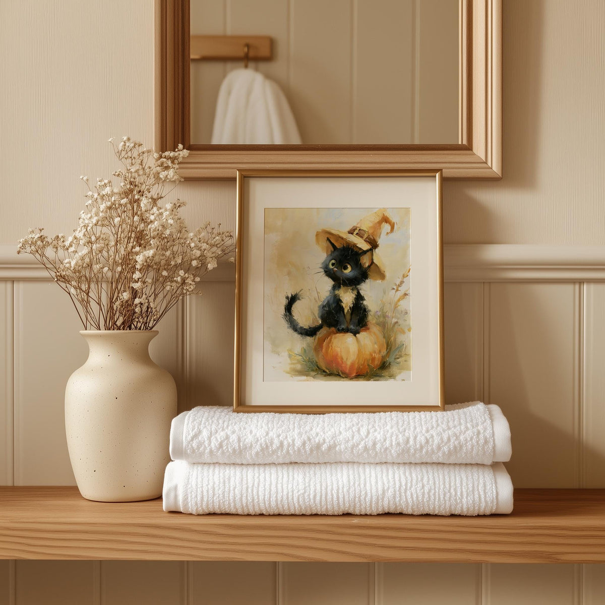 Black Kitten Witch Halloween art print shown in a room setting
