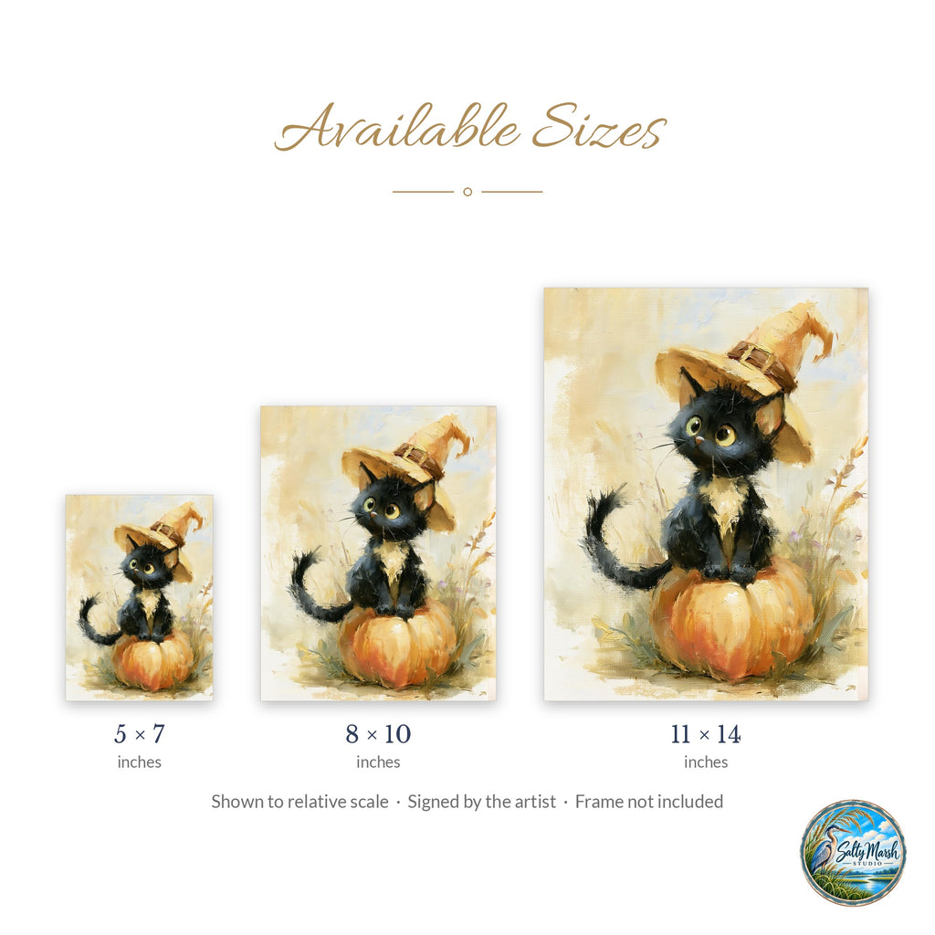 Black Kitten Witch art print size guide: 5x7, 8x10 and 11x14
