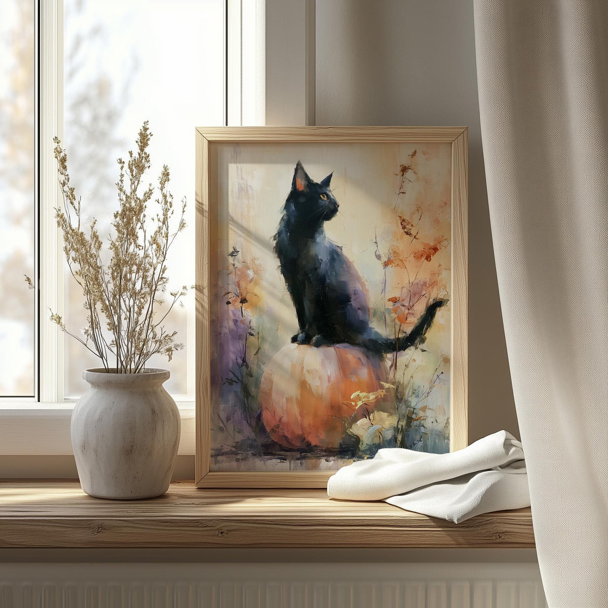 Watercolor Cat Pumpkin Halloween art print shown in a room setting