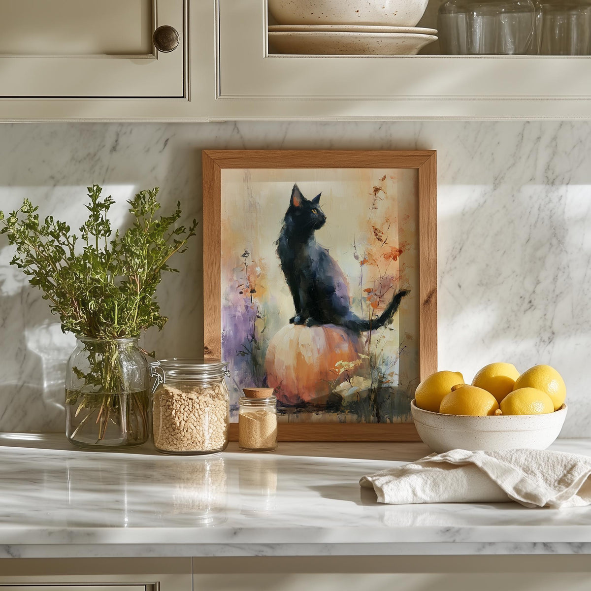 Watercolor Cat Pumpkin Halloween art print shown in a room setting