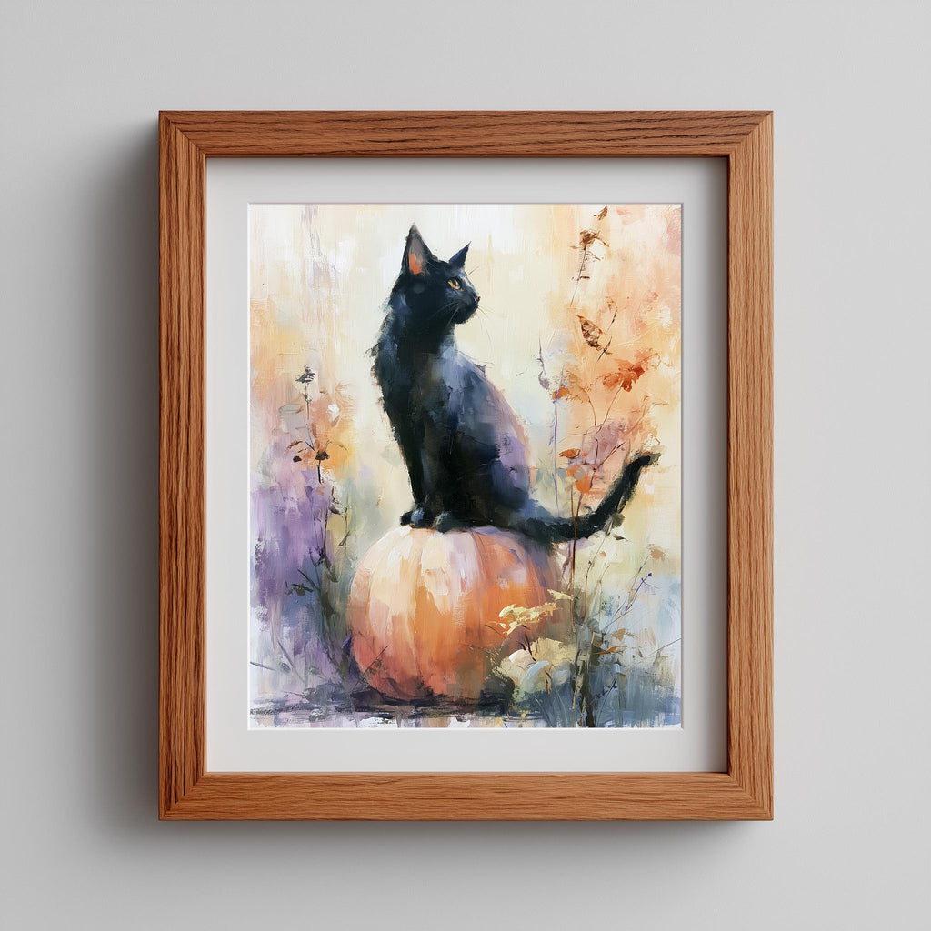 Watercolor Cat Pumpkin Halloween art print shown in a room setting