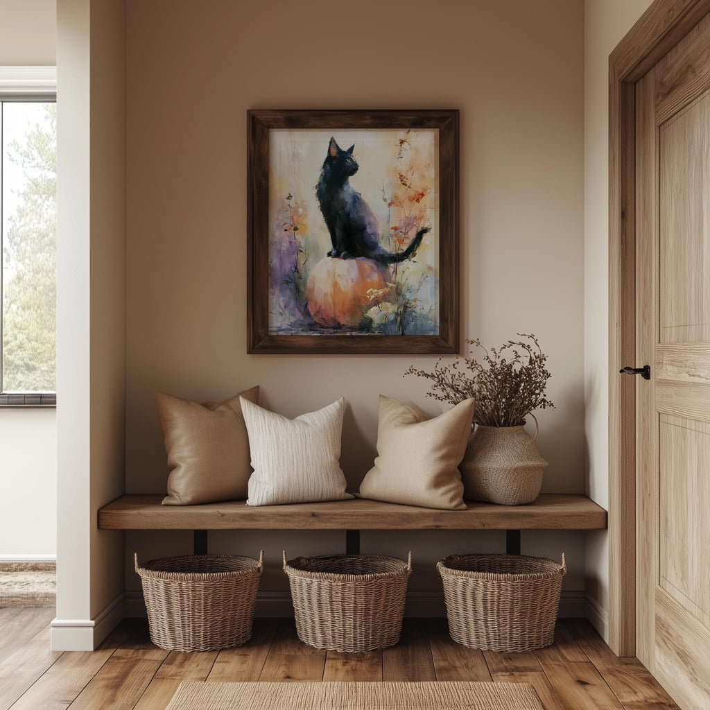 Watercolor Cat Pumpkin Halloween art print shown in a room setting