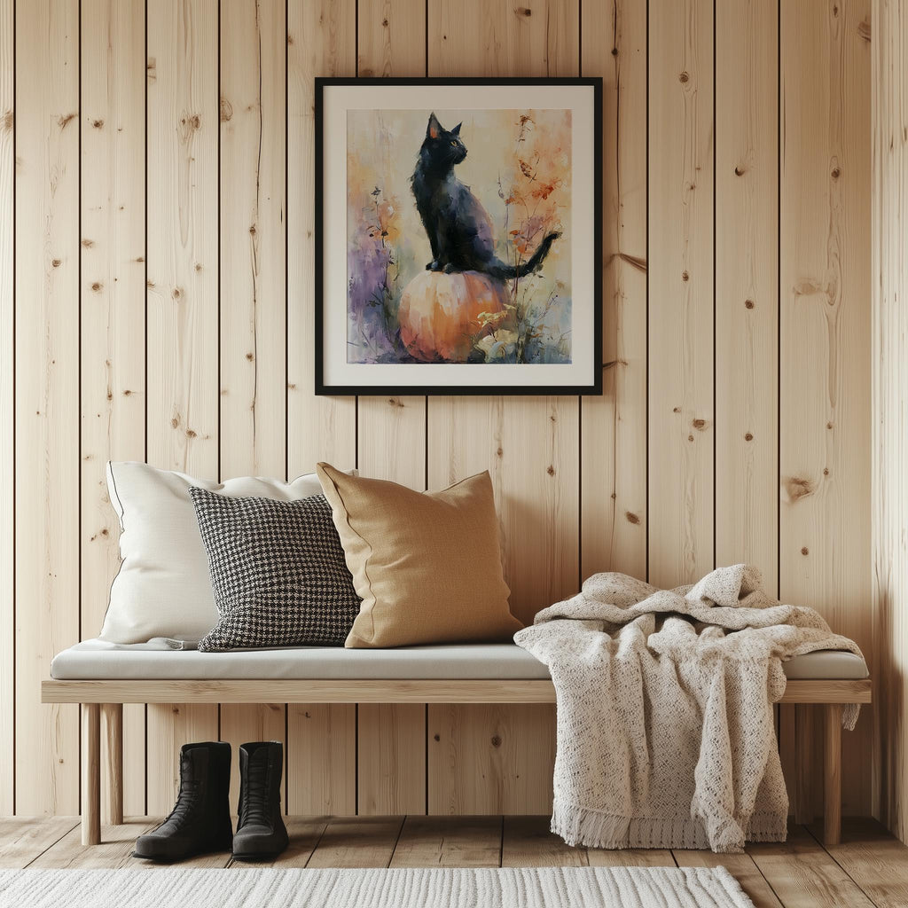 Watercolor Cat Pumpkin Halloween art print shown in a room setting