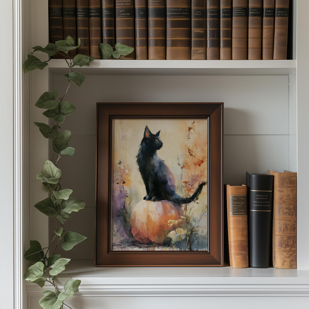 Watercolor Cat Pumpkin Halloween art print shown in a room setting