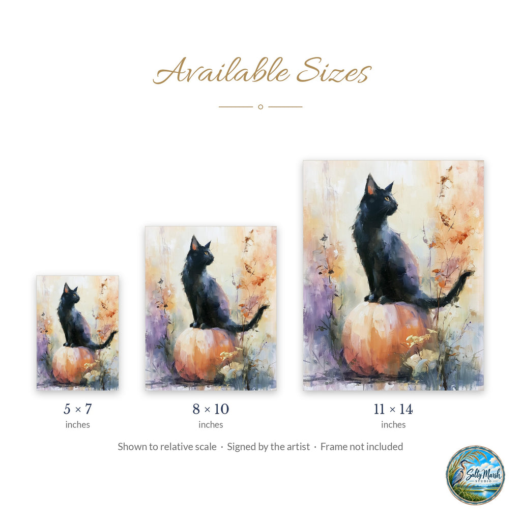 Watercolor Cat Pumpkin art print size guide: 5x7, 8x10 and 11x14