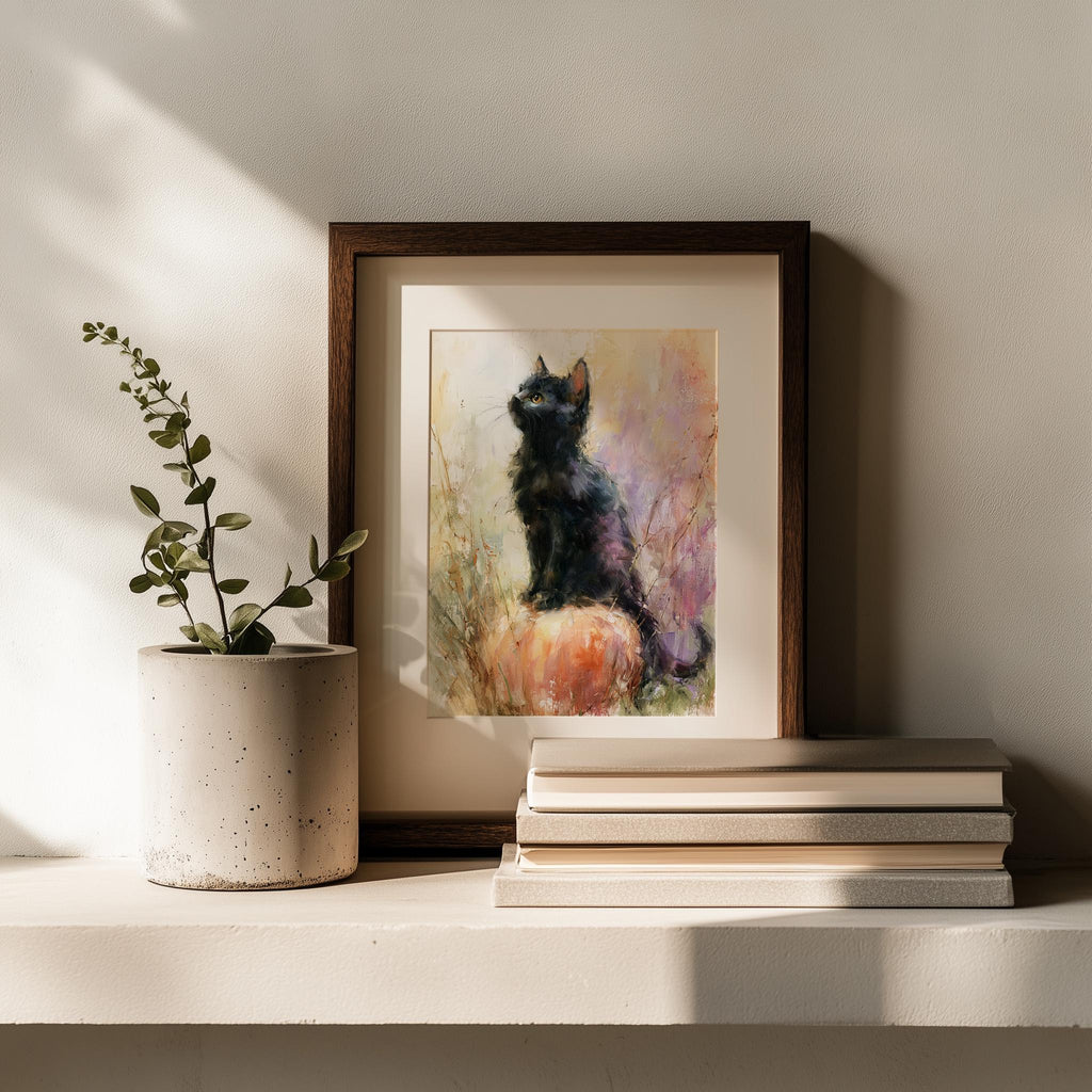 Pastel Cat Pumpkin Halloween art print shown in a room setting