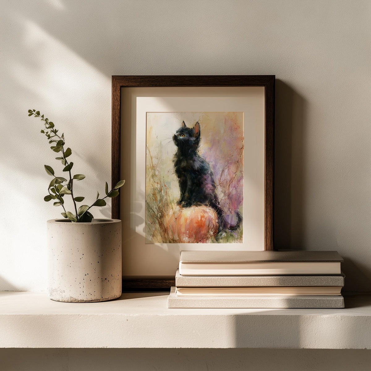 Pastel Cat Pumpkin Halloween art print shown in a room setting