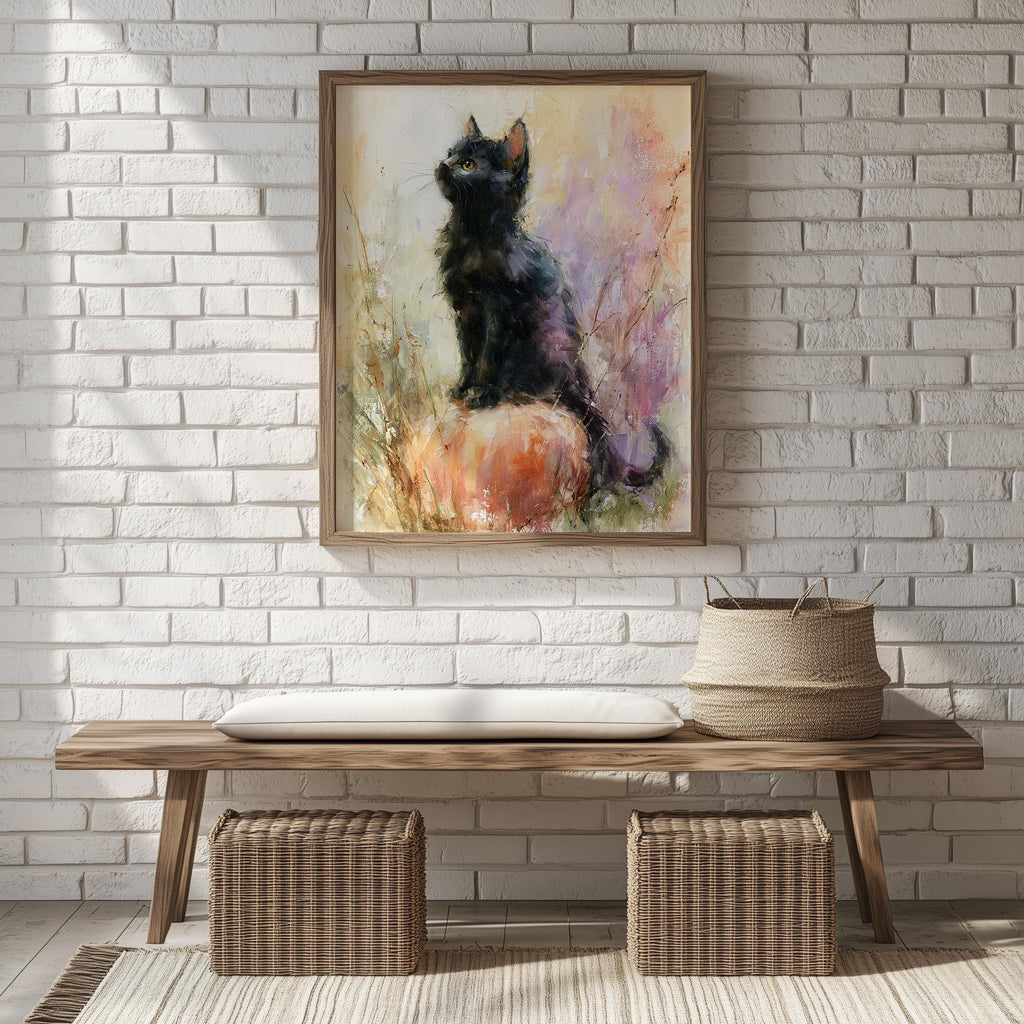 Pastel Cat Pumpkin Halloween art print shown in a room setting