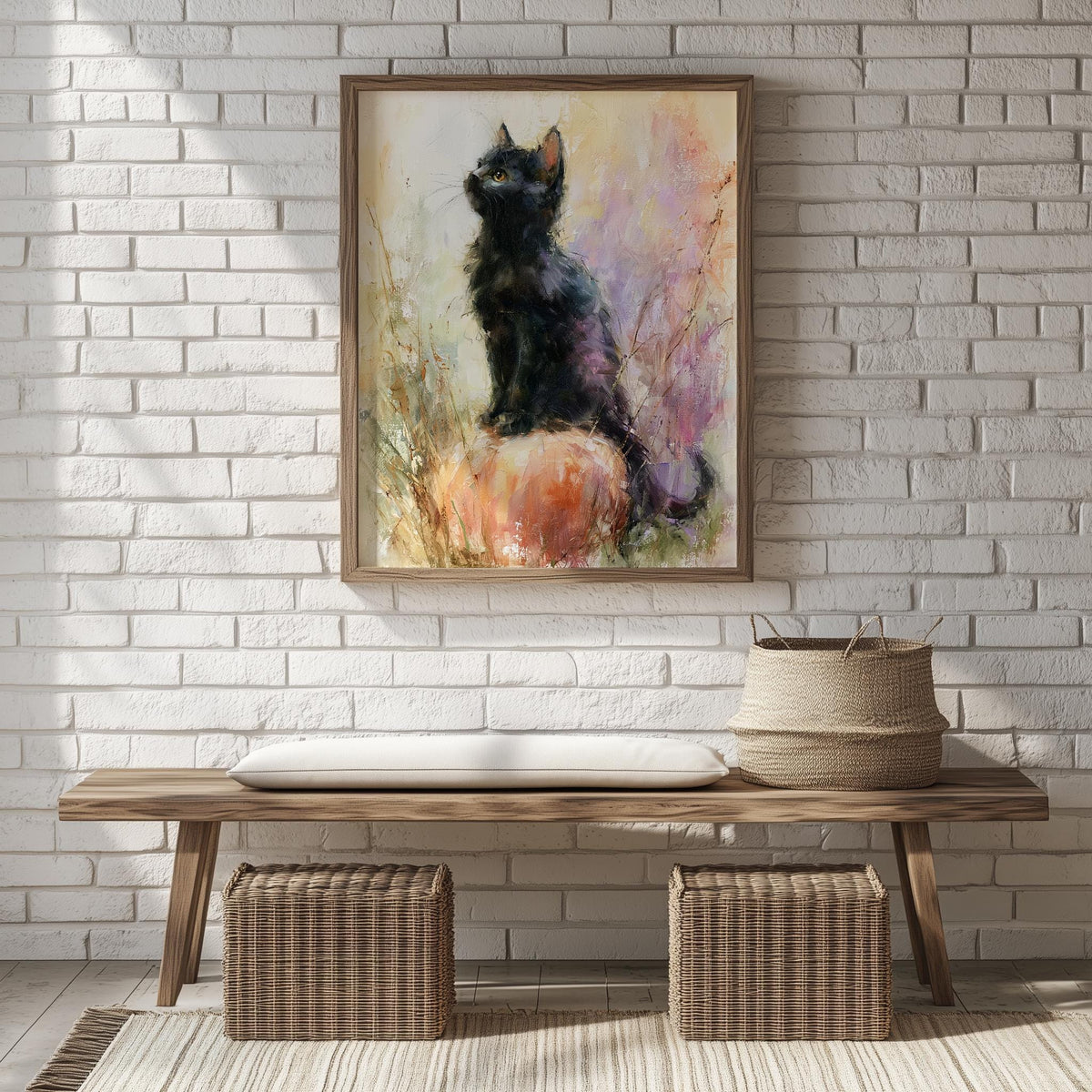Pastel Cat Pumpkin Halloween art print shown in a room setting