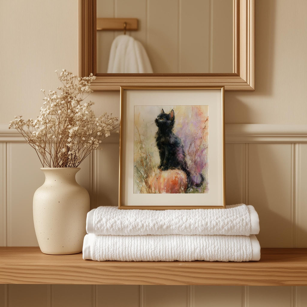 Pastel Cat Pumpkin Halloween art print shown in a room setting