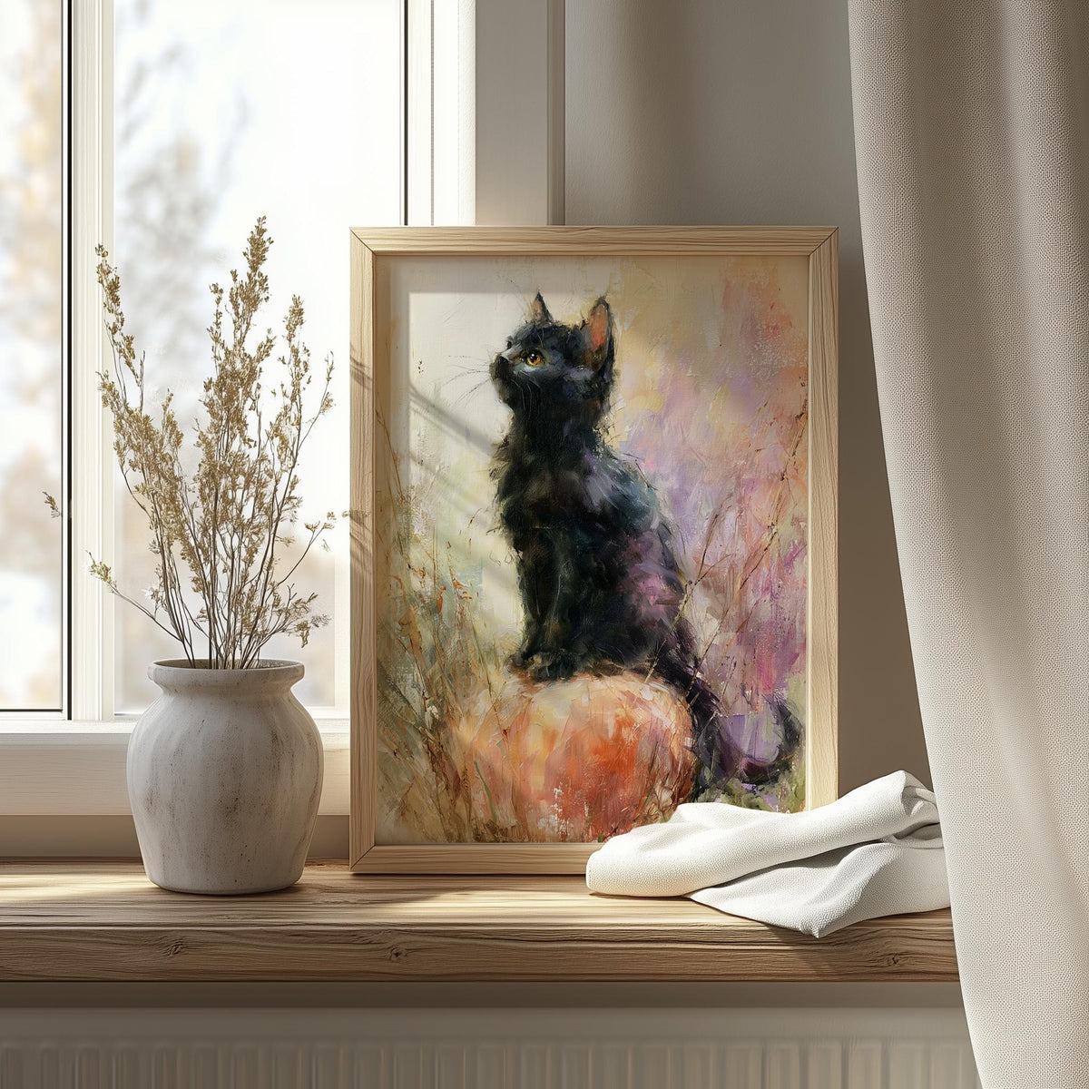 Pastel Cat Pumpkin Halloween art print shown in a room setting