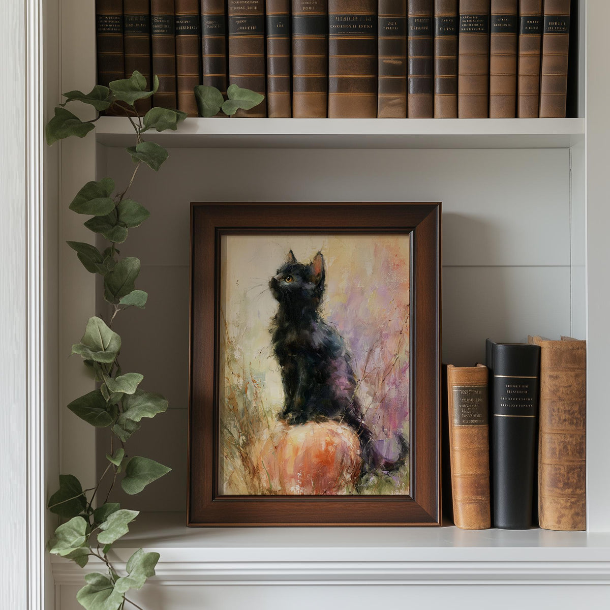 Pastel Cat Pumpkin Halloween art print shown in a room setting