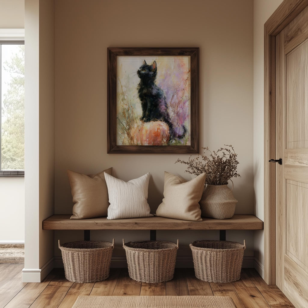 Pastel Cat Pumpkin Halloween art print shown in a room setting