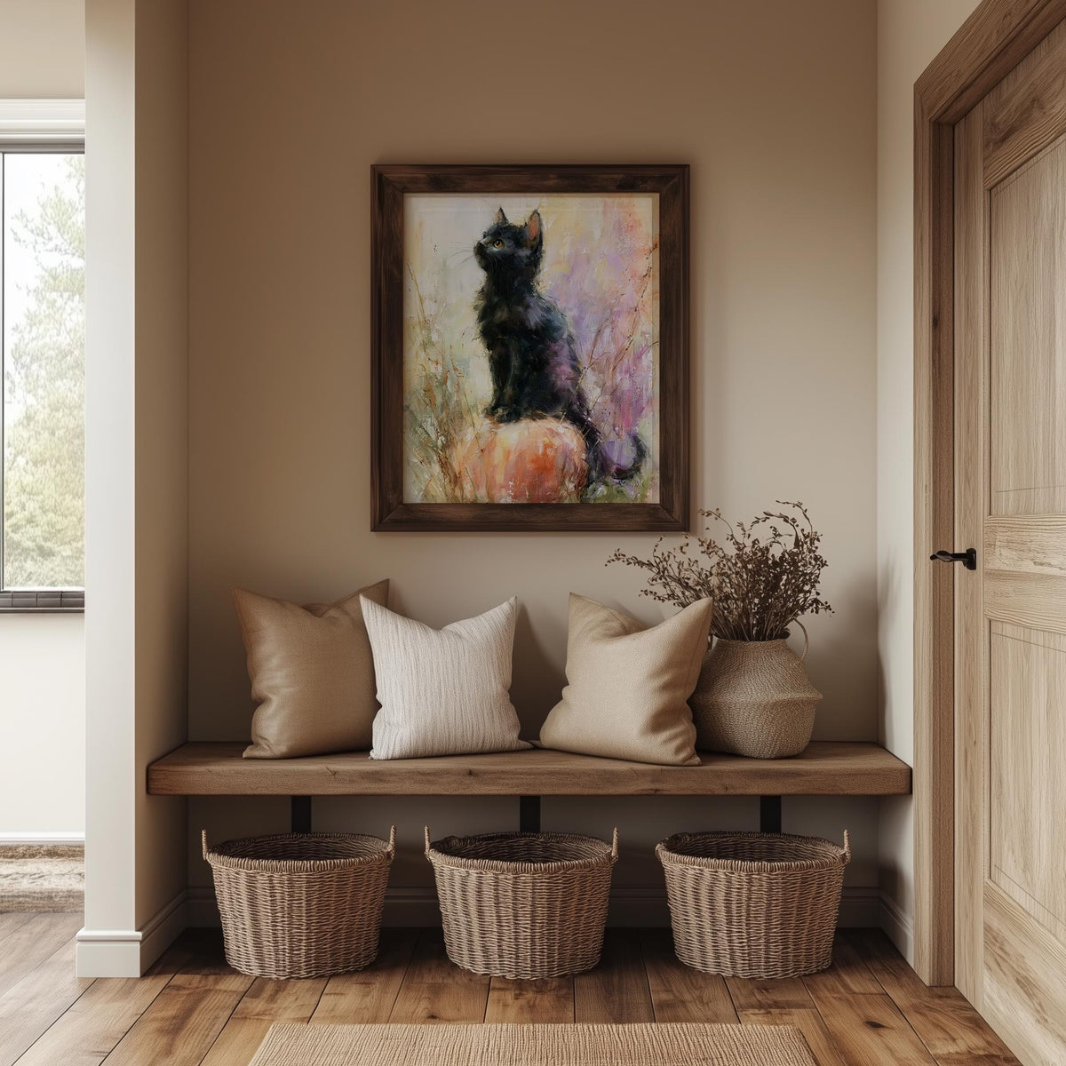 Pastel Cat Pumpkin Halloween art print shown in a room setting