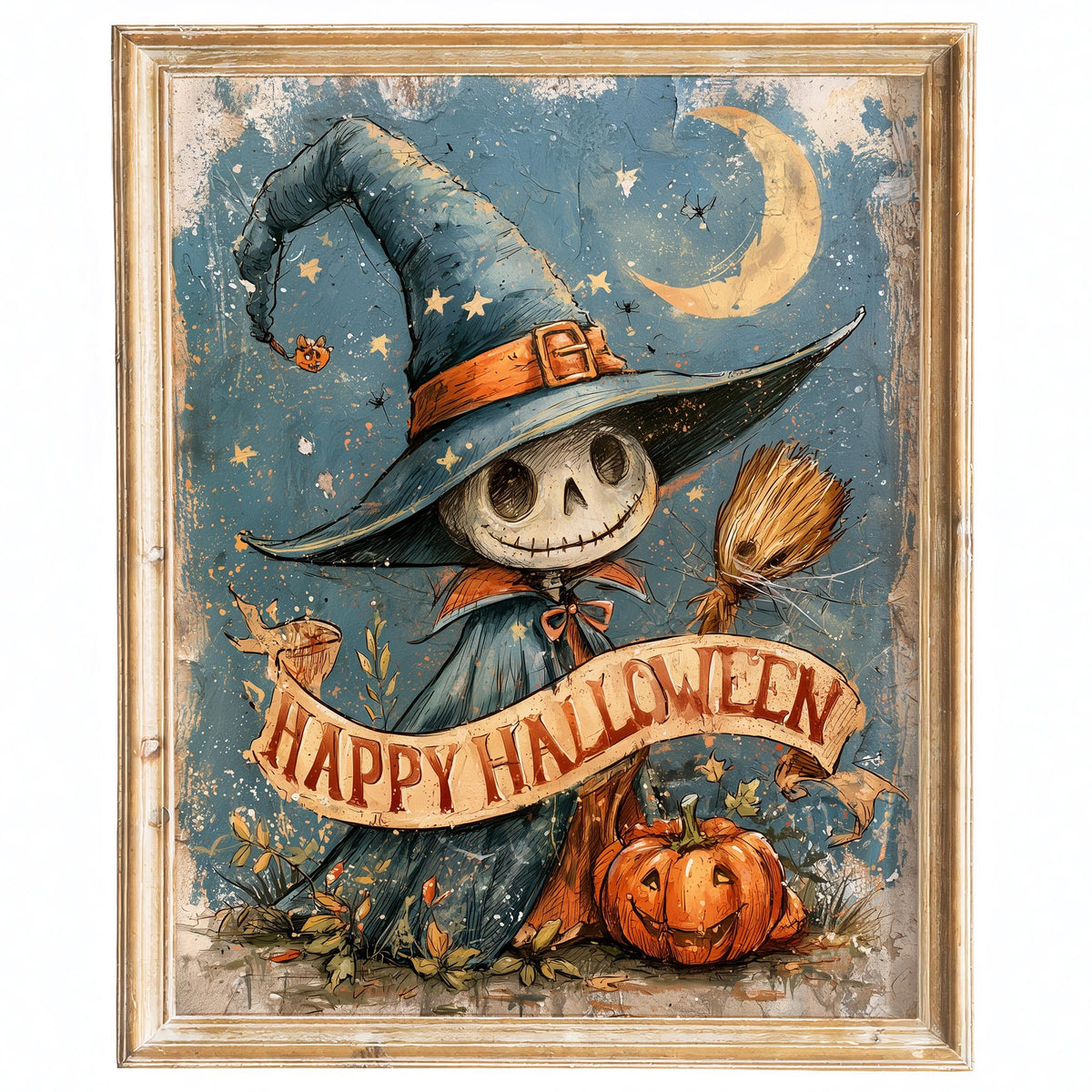 Skeleton Scarecrow Halloween art print framed