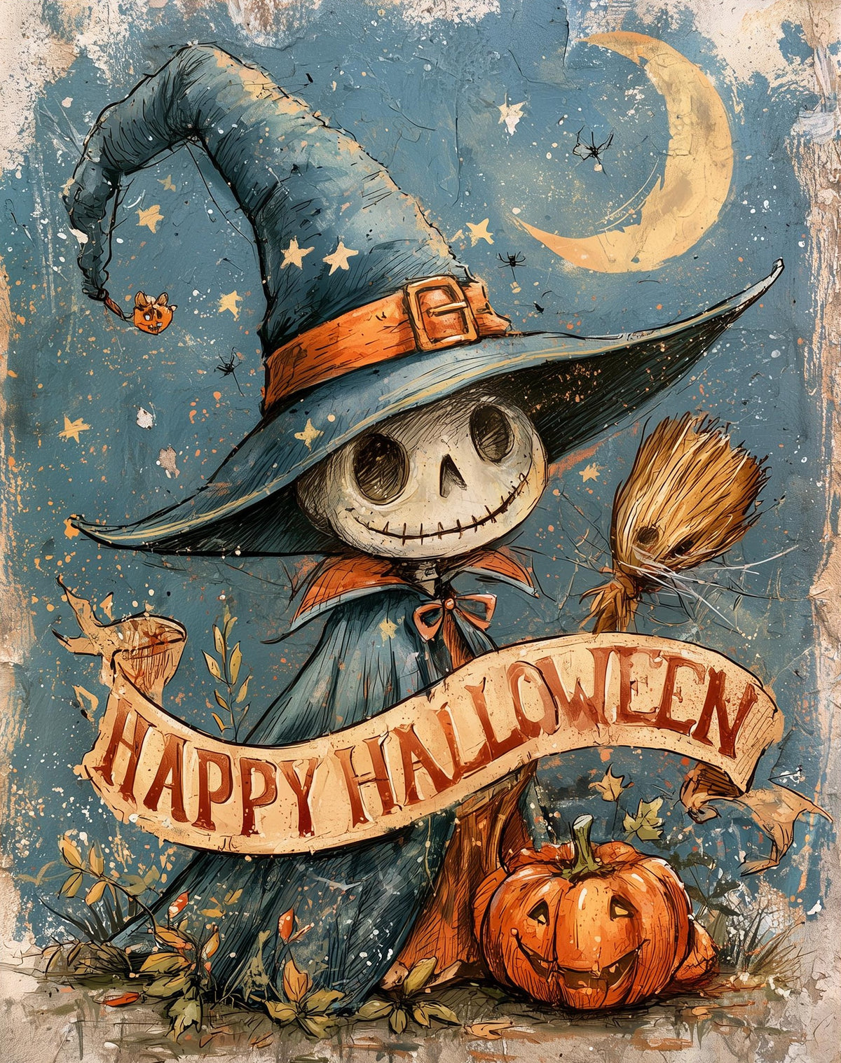 Skeleton Scarecrow Halloween art print unframed, signed by Pattie Overcash
