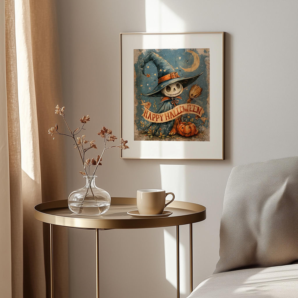 Skeleton Scarecrow Halloween art print shown in a room setting
