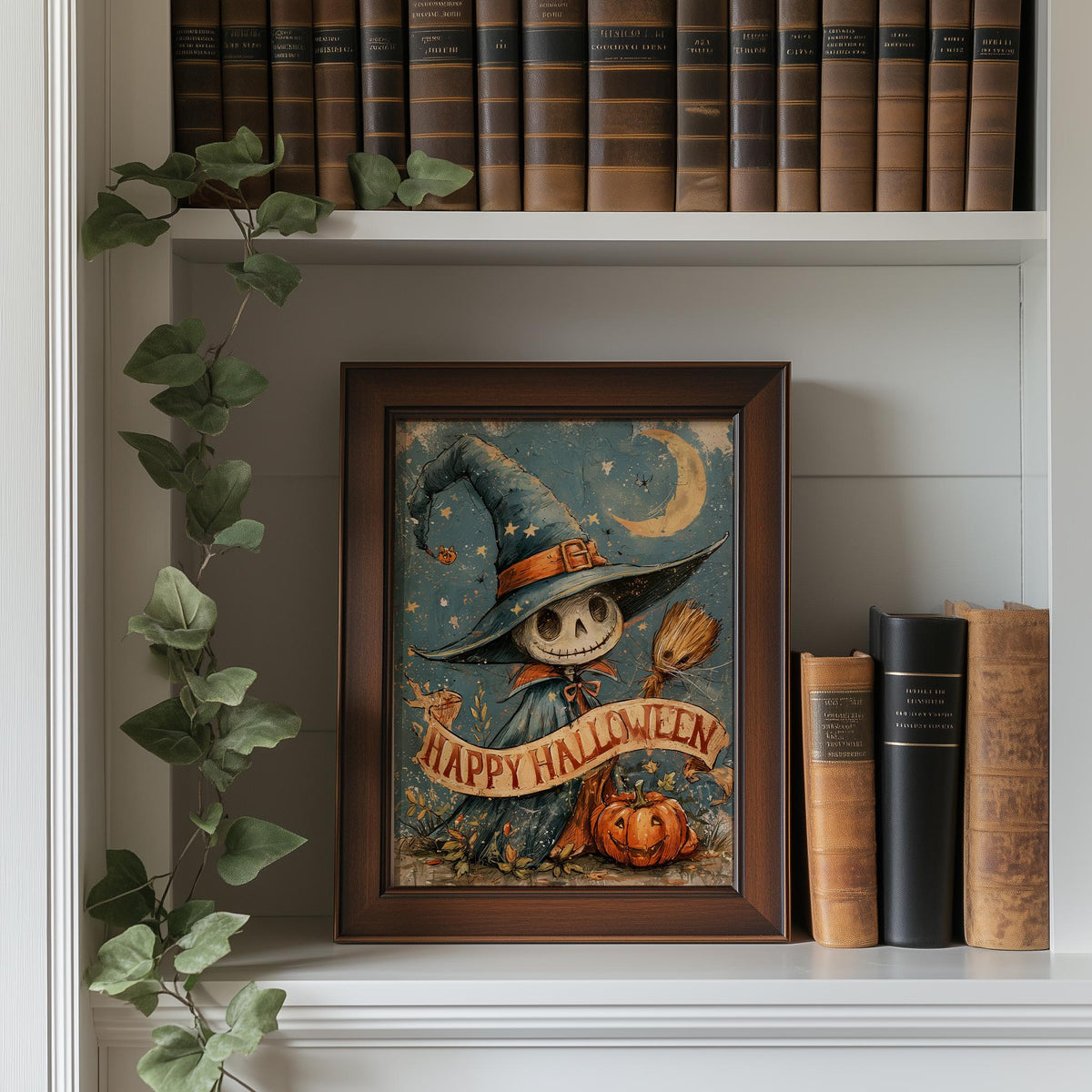 Skeleton Scarecrow Halloween art print shown in a room setting