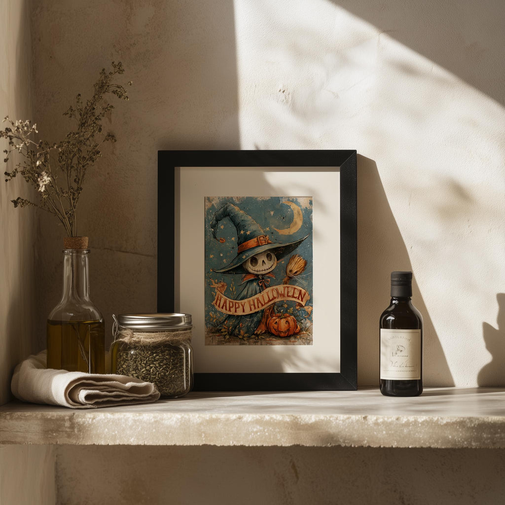 Skeleton Scarecrow Halloween art print shown in a room setting